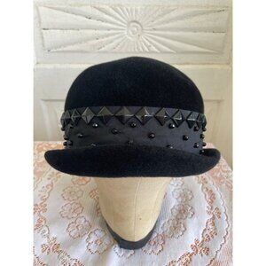 Vintage 1940s  Black Felt Bowler Hat With Studded Ribbon Band